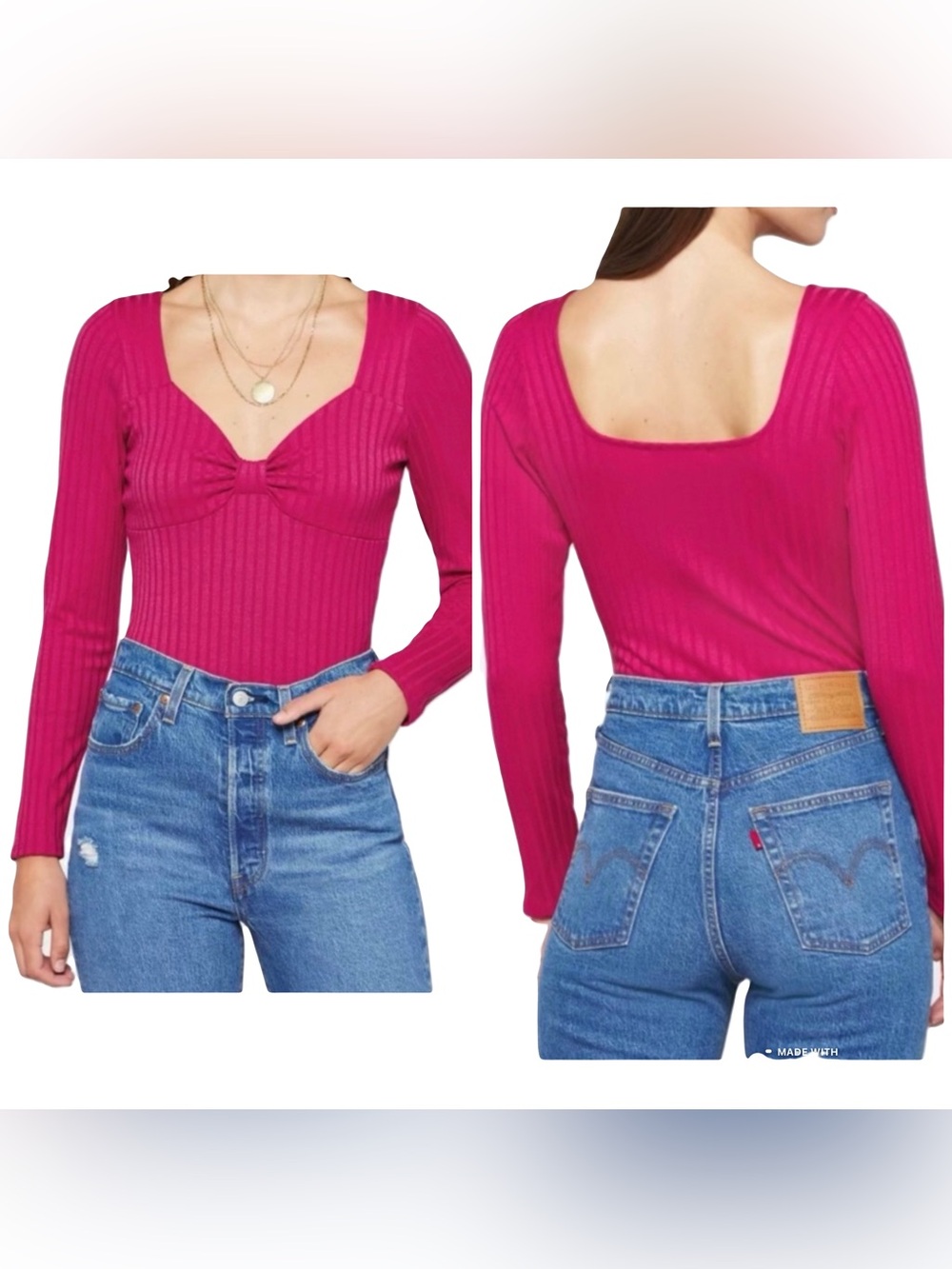 Heatherly Bodysuit Large Magenta Pink Ribbed Bow Knot Sweetheart Long Sleeve NWT